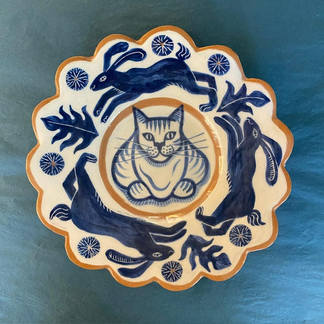 Cat and Hare round plate by Catherine Phelps