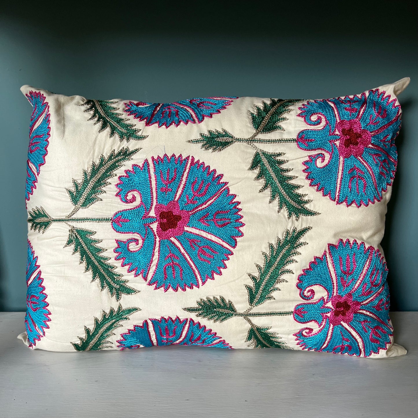 Hand embroided turquoise Suzani cushion