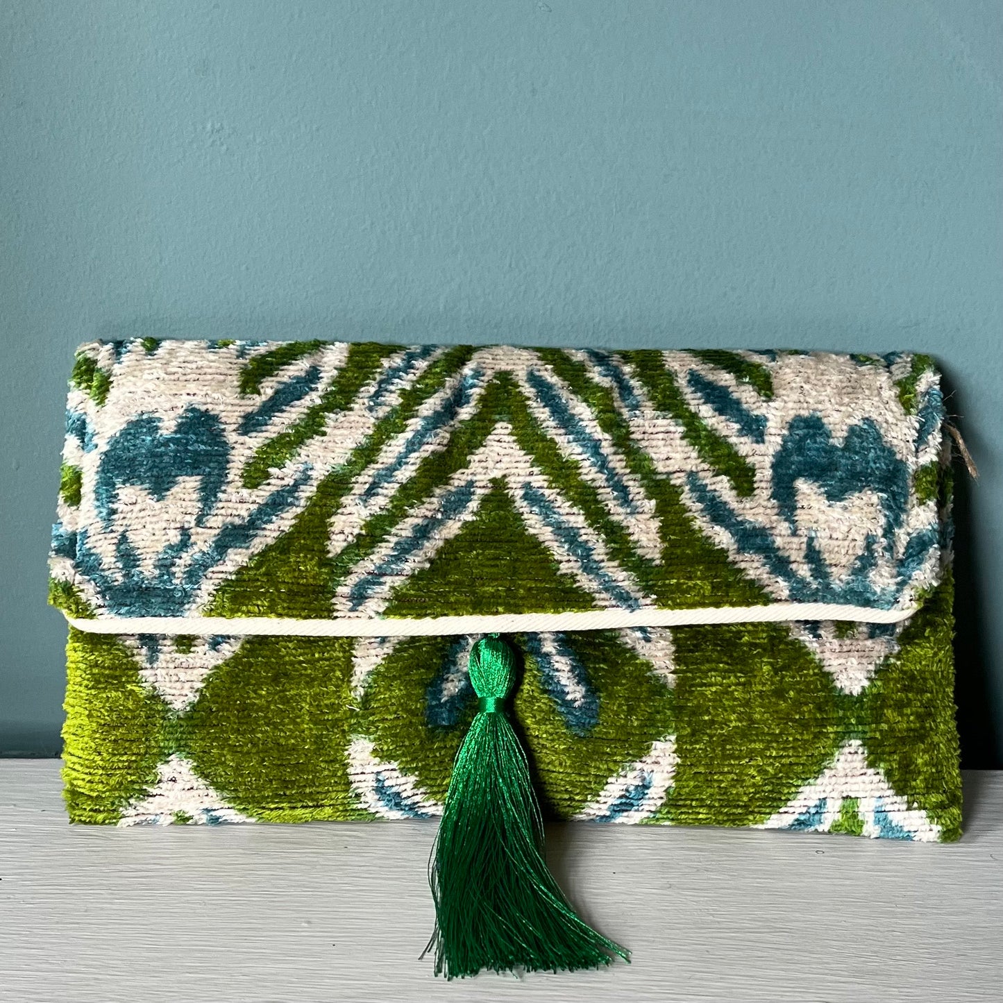 Turquoise, green, off white Ikat clutchbag
