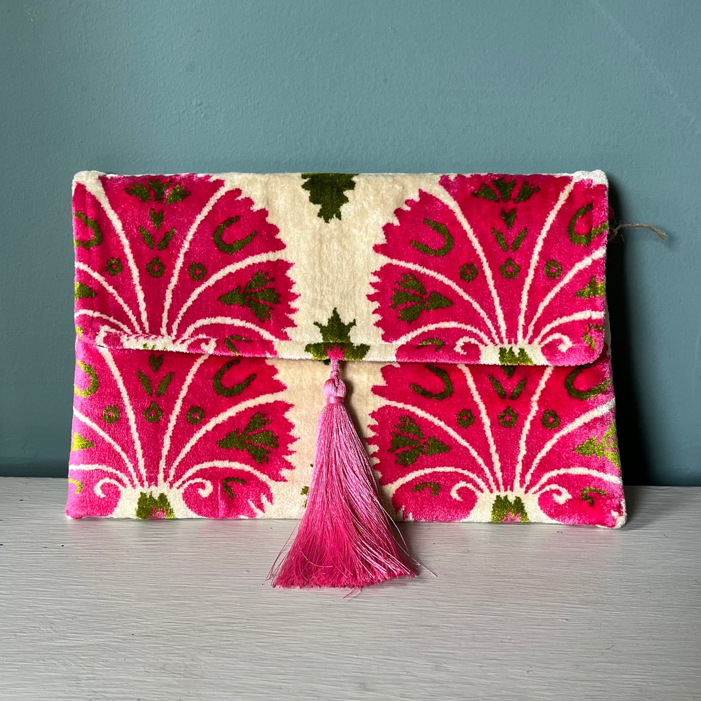Pink on ivory with green Ikat clutchbag