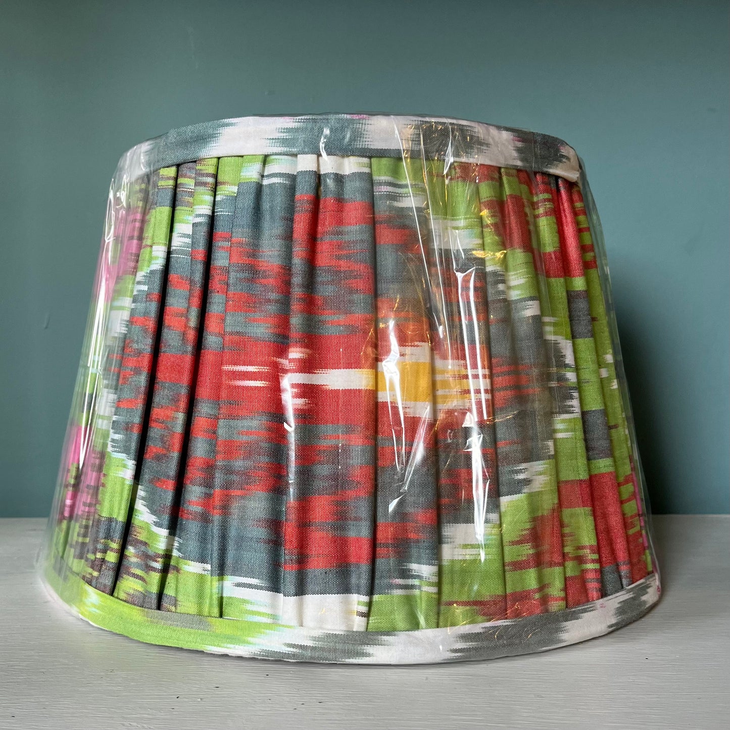 Light Green, red, pink, blue cotton Ikat lampshade