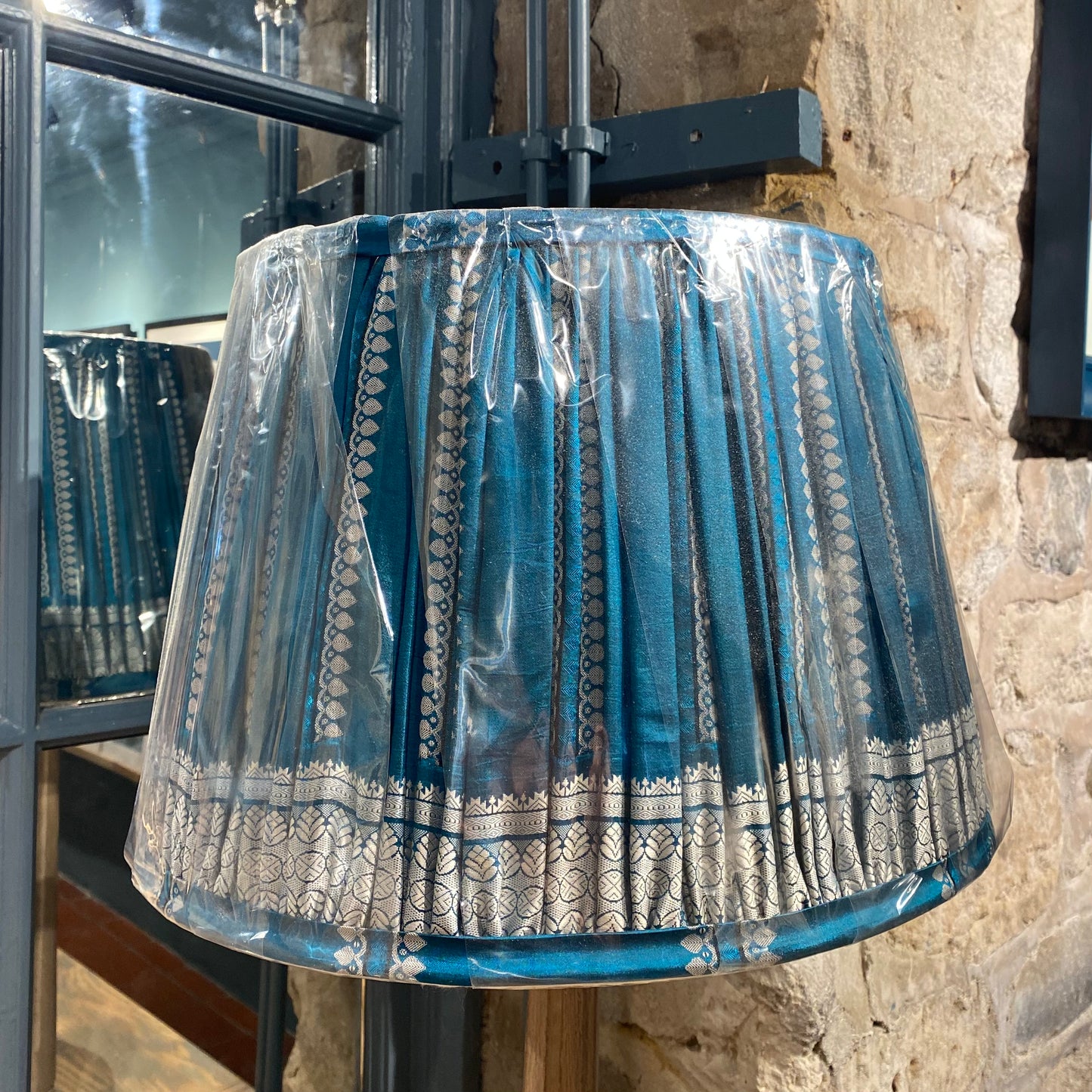 Indigo blue with silver Vintage Sari Ikat lampshade