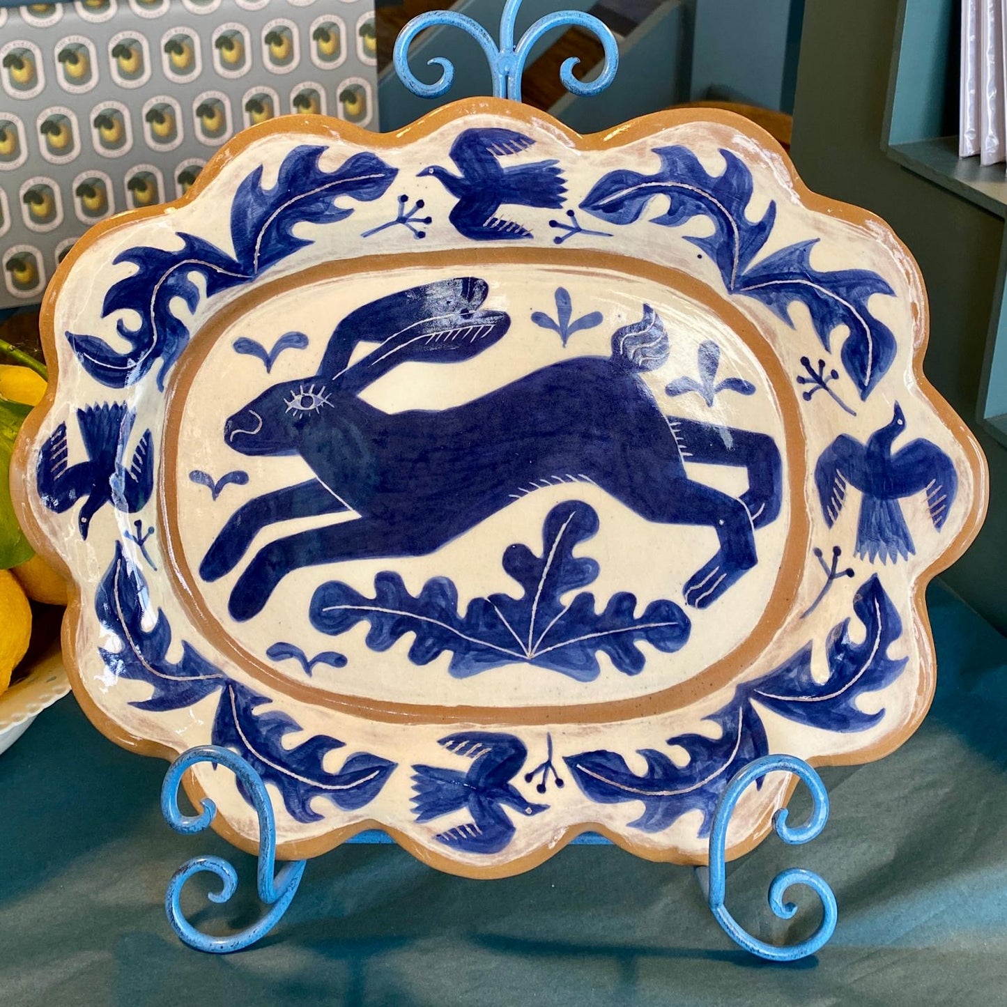 Hare platter: large blue and white ceramic
