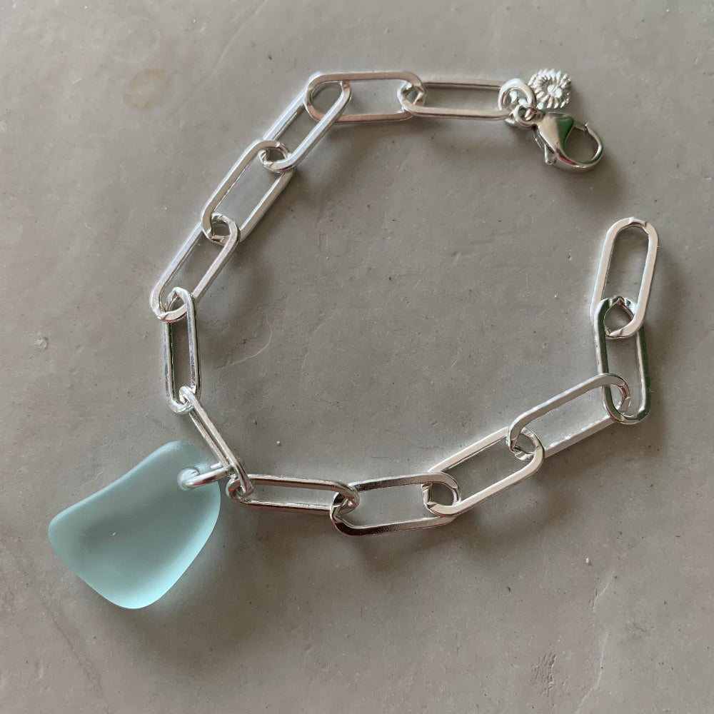 Chunky Bracelet with Ice Blue Sea Glass Drop