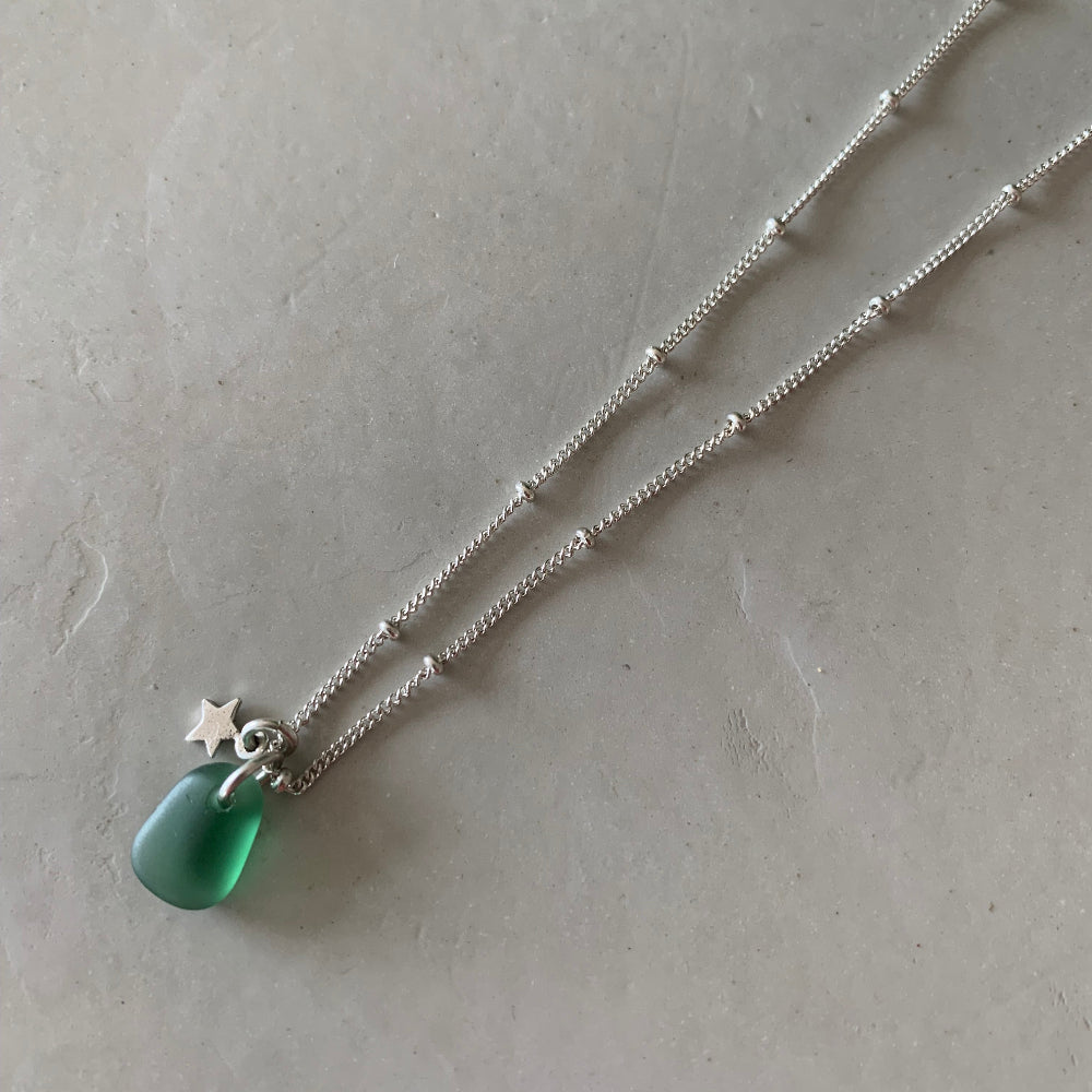 Silver Sea Glass with Tiny Star Charm Necklace
