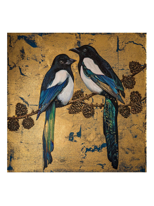 Magpies on Gold Print by Georgia Cox