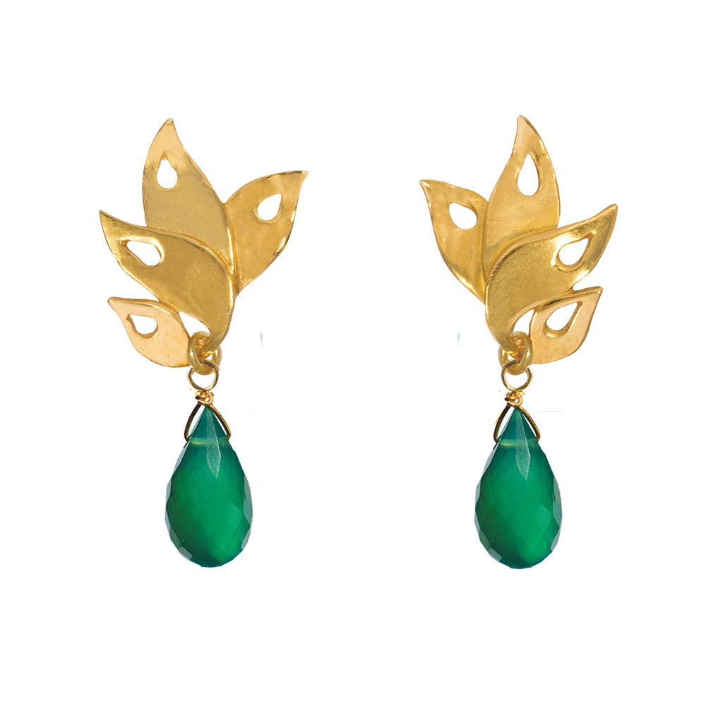 Alappuzha Tropical Leaf Drop Earrings with Gemstone