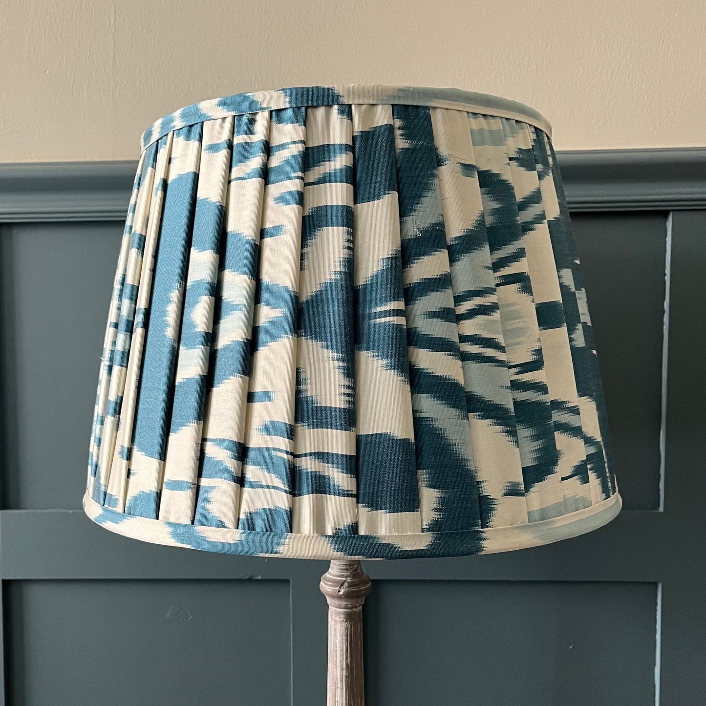 Mid/light blue on ivory Silk Ikat lampshade