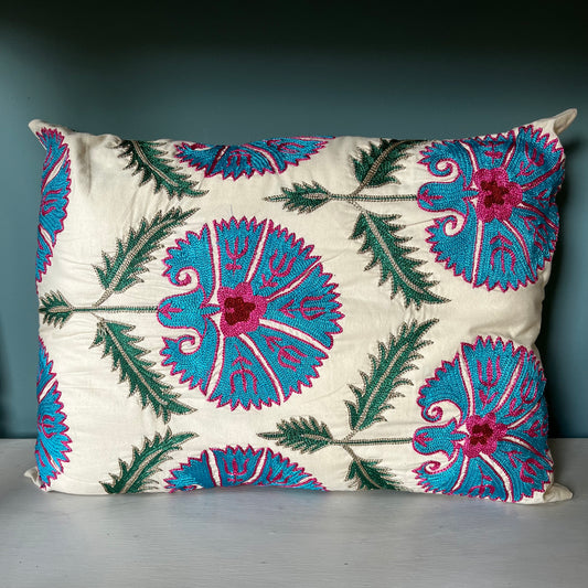 Hand embroided turquoise Suzani cushion