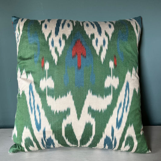 Handwoven green Ikat silk cushion