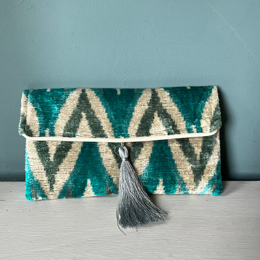 Green, blue, off white Ikat clutchbag