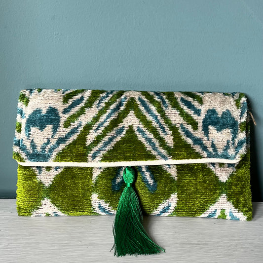 Turquoise, green, off white Ikat clutchbag