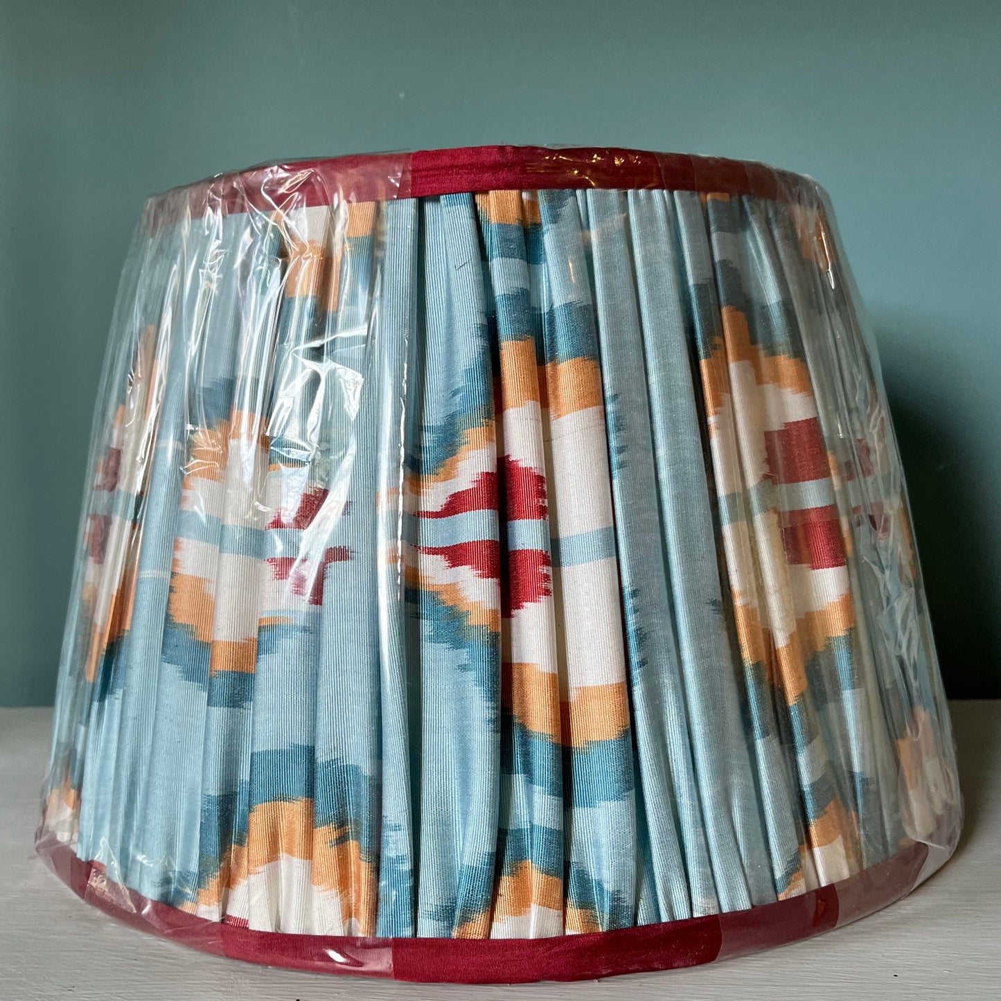 Light blue, oxblood, ochre silk Ikat lampshade