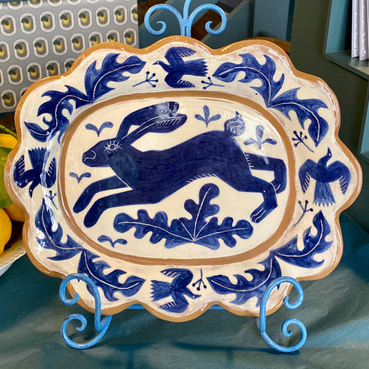 Hare platter: large blue and white ceramic