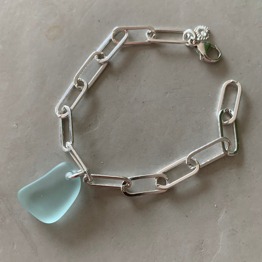 Chunky Bracelet with Ice Blue Sea Glass Drop