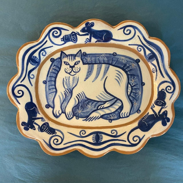 Blue Cat & Mouse platter by Catherine Phelps