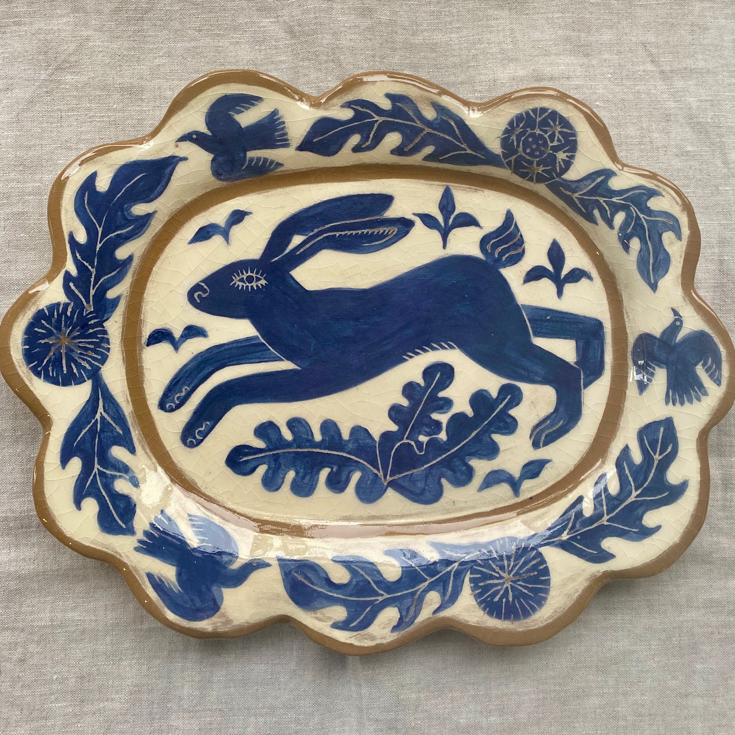 Hare platter: large blue and white ceramic