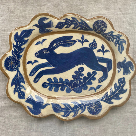Hare platter: large blue and white ceramic