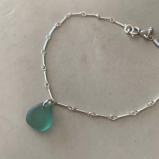 Silver Bar Chain Bracelet with Sea Glass Drop