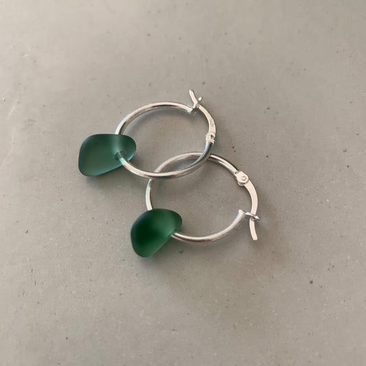 Silver Hoop and Sea Glass Nugget Earrings
