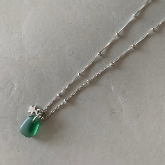 Silver Sea Glass with Tiny Star Charm Necklace